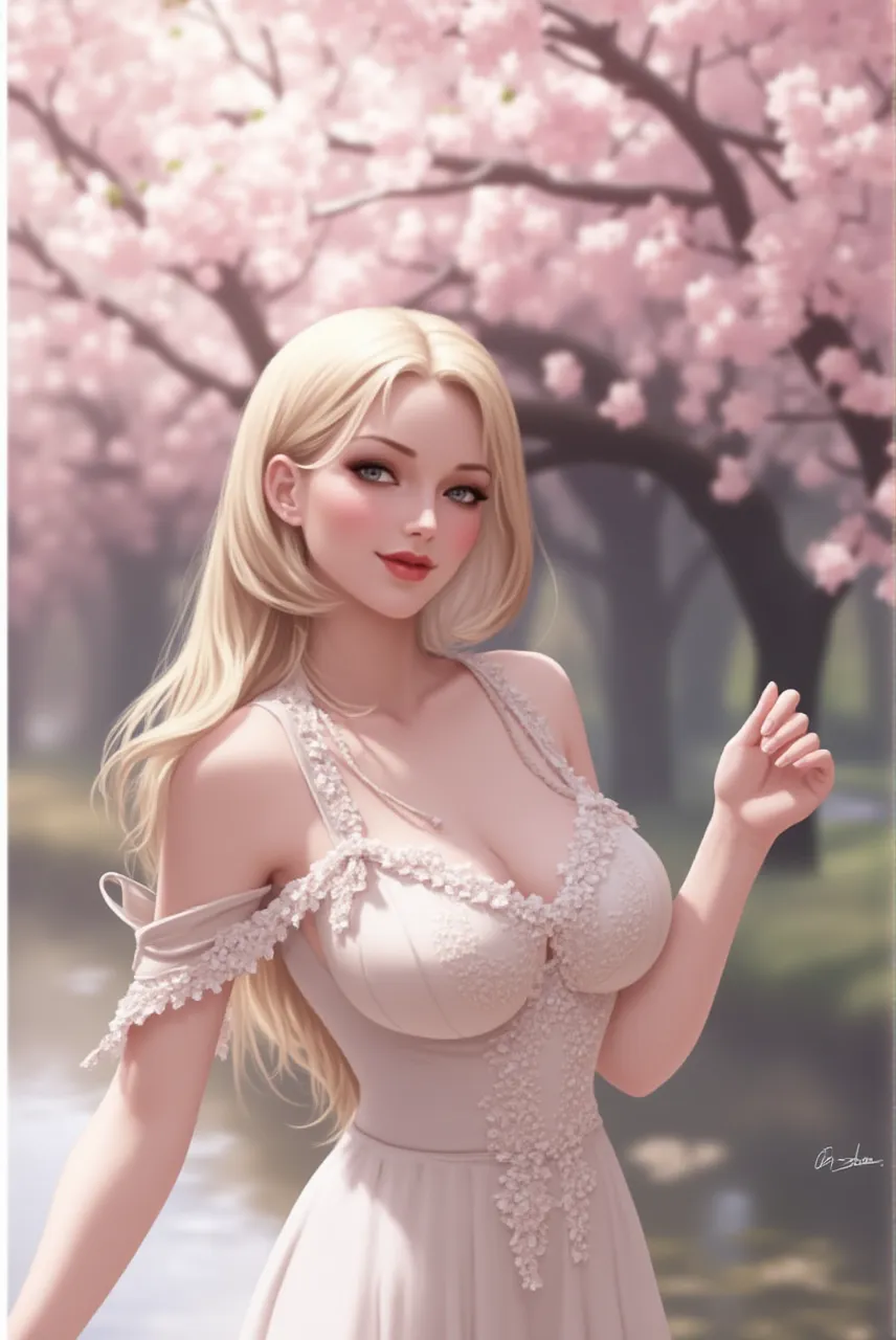 (Best Quality, ultra detailed, photorealistic: 1.39), bright and vibrant colors, studio lighting, romantic expression, ((background of petals and pink roses)) Cairo is a beautiful girl with medium and round breasts, Cairo is cute with hair short and wavy blonde, bow, twinkle in his eye, Cairo She is very charming with mischievous blue eyes and a shy smile, but she suffers a lot of judgment and intimidation from other girls and many people.. she is lovely sometimes. Cairo is 19 years old and looks like an adult woman in love. Cairo has beautiful romantic lips, Cairo is secretly in love with you but is afraid to approach and talk to you. Cairo: *I wonder if he will judge me*. I will talk with him? beautiful woman, Beautiful shirt, neckline, sensual long sleeve, beautiful bright blouse, cute hair details and stylish short panties, Trees in the distance, beautiful and sensual pose, Cairo is in love, leaning posture while standing, pose and delicate