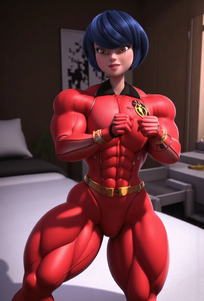 a muscular female bodybuilder in (( red bra inside (office suit) and her hair is (gradient of dark blue and red) from end to the right side of head)), detailed face, beautiful detailed eyes, beautiful detailed lips, ((extremely detailed face and muscles)), long eyelashes, strong muscles bulging through suit, dynamic pose, professional studio lighting, hyperrealistic, 8k, high quality, photorealistic, physically-based rendering, concept art, dramatic color palette,((abs)).