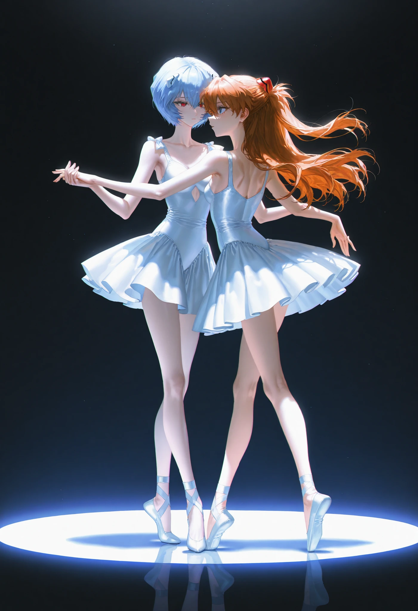 masterpiece,best quality,artist:john_kafka,artist:nixeu,artist:quasarcake,chromatic aberration,film grain,high contrast,color contrast,cold colors,gritty,graphite \\\\(medium\\\\),
2girl,duo, Asuka Langley and Ayanami Rei from eva,duo,bangs, hair ornament, full body,dancing ballet,