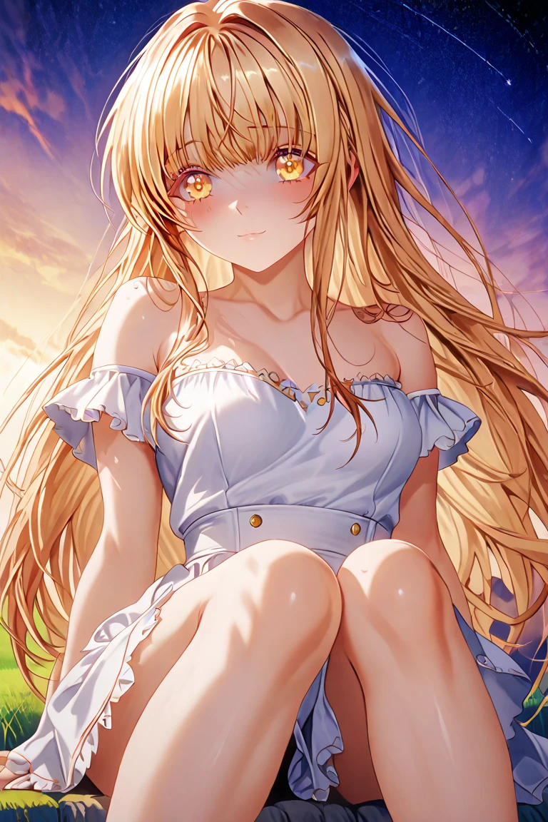anime art full body character concept art, anime key visual of elegant young female, platinum blonde straight bangs and large eyes, finely detailed perfect face delicate features directed gaze, laying down in the grass at sunset!!!!!! in a valley, golden hour sunset lighting, trending on pixiv fanbox, studio ghibli, extremely high quality artwork