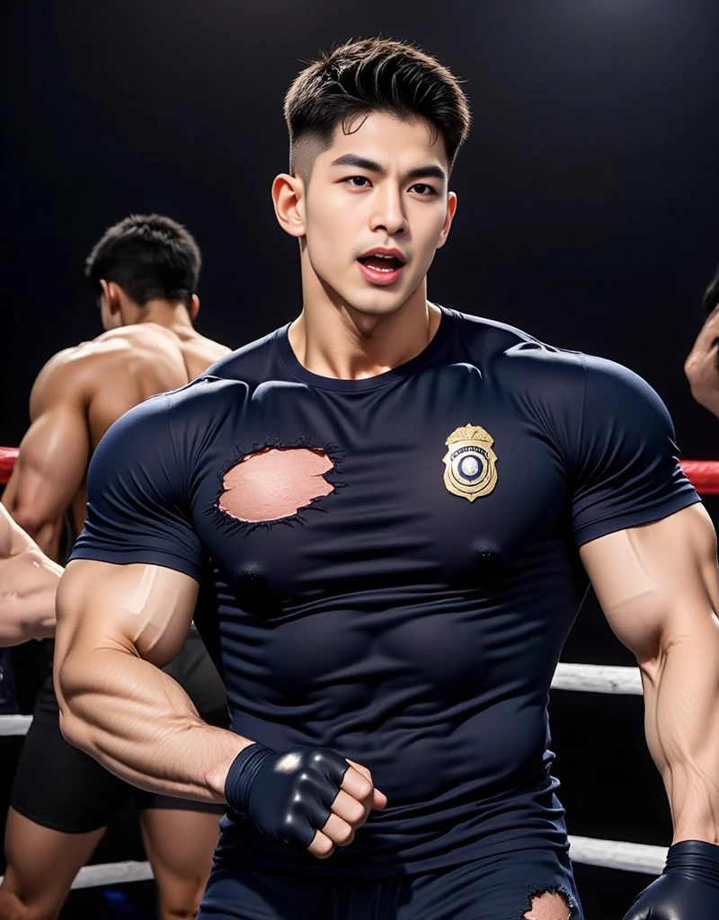 American Young white man, 17 years old, military haircut, dark hair, intense blue eyes, intense gaze, affiliated features, no facial hair, height 1.93, weight 90 kg, muscular and athletic build, broad shoulders, V-shaped body, martial arts tattoos on right arm, Karate black belt, full body focus, completely hairless,
