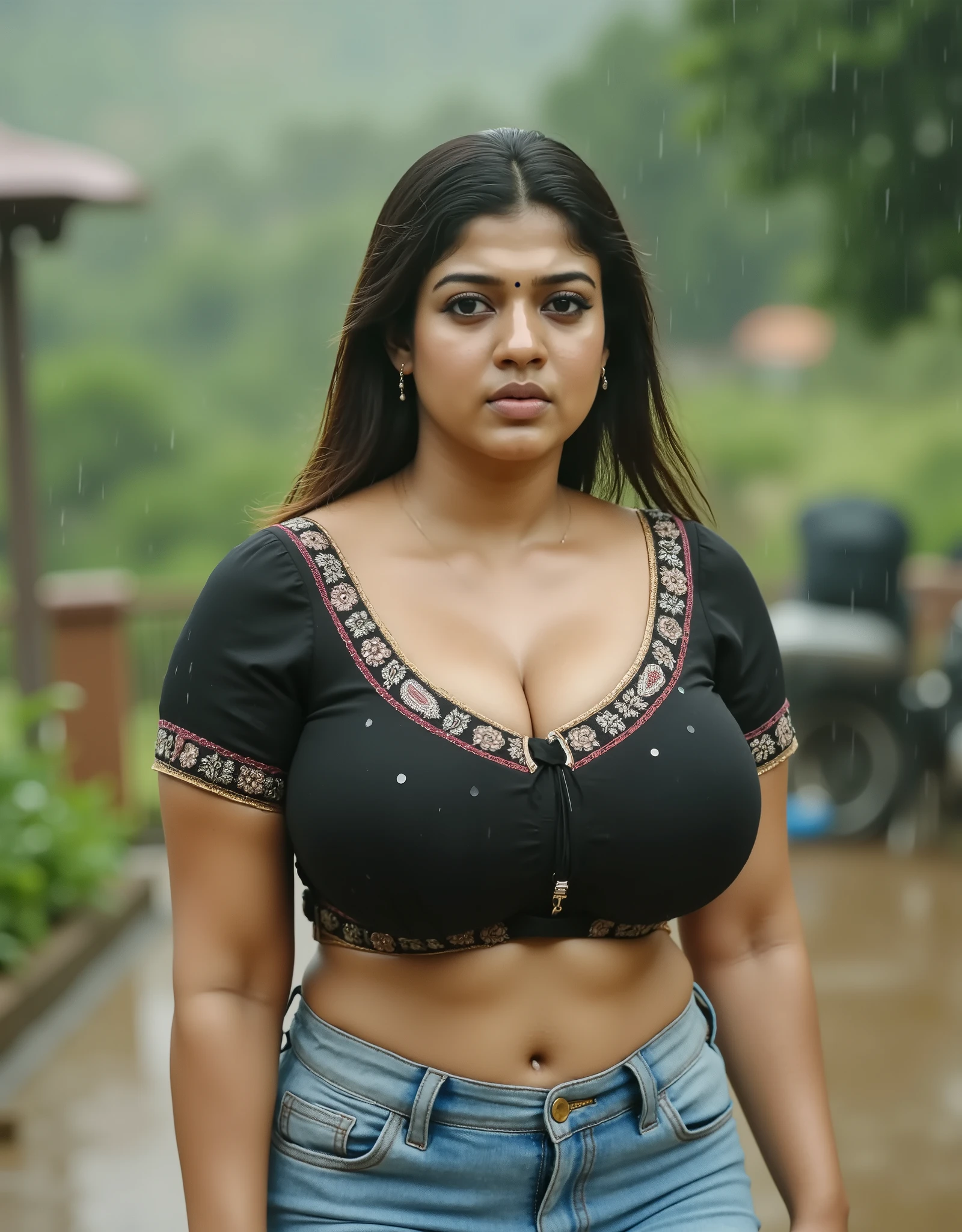 An indian 25 years girl with big breasts wearing sleeveless zipper embroidered blouse, wearing light blue denim pant, fully visible cleavage,standing under heavy rain in hliiy area
