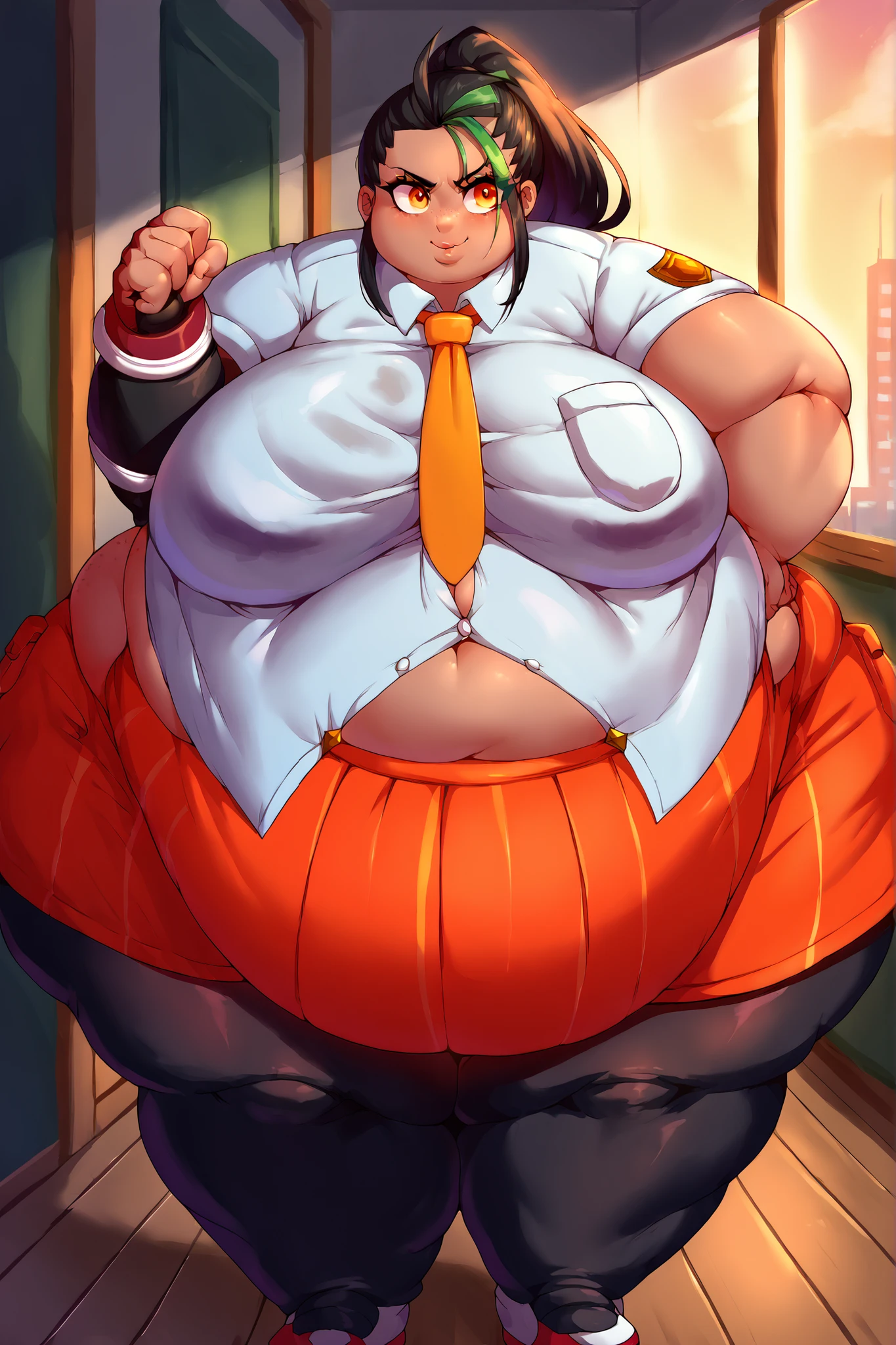 Le personnage Makima de la série animée Chainsaw Man, fragile, obésité morbide, ssbbw, pleine longueur (corps entier 1.1.), fond sombre, obscurité, anatomie correcte 1.1, anatomie correcte de la main, Très féminin, corps gras et rond, grosses Jambes, fesses, beau corps obèse, ventre rond et mou très gras, cheveux roux, Yeux oranges, Cercles rouges pour les écoliers, chemise blanche, jupe noire, cravate noire, pose sexy, réaliste, very détaillé, beau corps, détaillé body, détaillé hands, détaillé, vibrant, détaillé Face, Conception des personnages de Makima. very détaillé, détaillé body, détaillé hands, détaillé Face, Art animé, Hugh Détails, Visage très abattu, détaillé eyes, Illustration ultra fine, Meilleure ombre, détail fin, beautiful détaillé glow, beautiful détaillé, Extraordinairement beau, extremely détaillé, inexpressif, composition épique, Style animé. art animé, Style animé. Jupe noire, chemise blanche, cravatte, pose sexy. Double menton, visage très gras, grosses joues, joues potelées