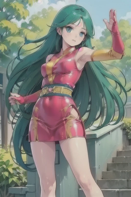 masterpiece, best quality,detailed, highres,shiny skin,1girl, solo,BREAK,
timegal, blue eyes, long hair, breasts, green hair, bangs, medium breasts, shiny hair,lips,shiny skin,BREAK,
belt, gloves, boots, navel, white gloves, thighs, red midriff, red sleeveless,knee boots, white footwear, elbow gloves, crop top, cleavage,(gray shoulder armor), red bikini,
<lora:TimeGalV1:0.7>
BREAK,
((( outdoors, ))),(( cowboy shot , dynamic pose, looking at viewer, )), light smile,
<lora:GoodHands-beta2:1>