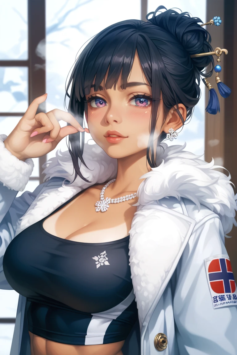 Adult woman, long black hair, blue eyes, white fox ears, open kimono, open chest, smile, masterpiece, high quality