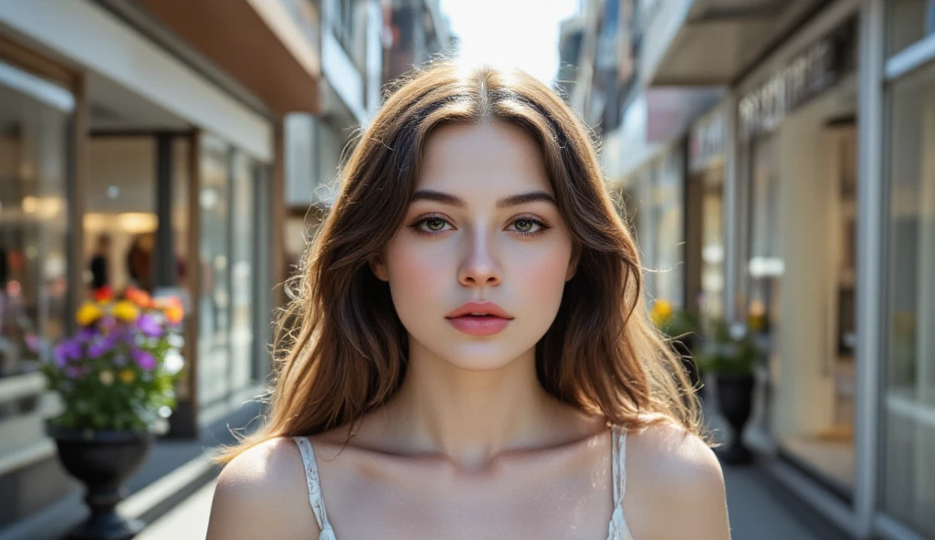 one standing Katerina Elizaveta looking at camera, 22 years old, blond hair, detailed skin, human hair, in city