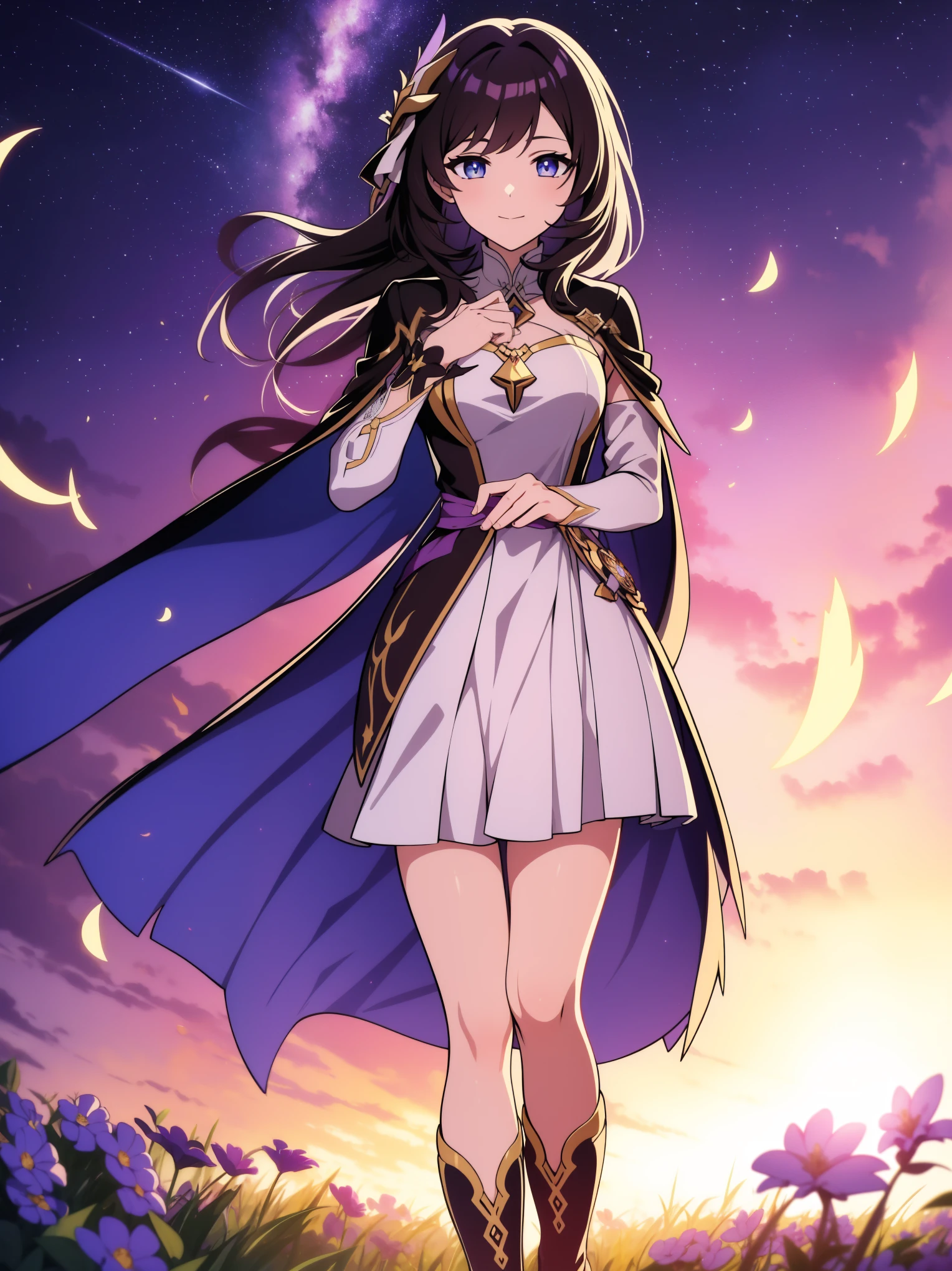 (high-quality, breathtaking),(expressive eyes, perfect face) portrait, 1girl, female, solo, young , black hair, pink eye color, medium hair length, soft wavy hair, gentle smile, loose hair, side bangs, looking at viewer, portrait, medium full shot, happy expression, ribbon in hair, flower in hair, fantasy clothing, elegant, mature, height 4"3, adventurer attire, warlock attire, warlock profession, short height, Dungeons & Dragons character, jacket, dress, cape, winged cape, Firefly Honkai Star Rail Character, starry sky, dawn in the distance, shooting stars, backgroound, flower field, scenary, cloudy sky, grass, trees, flower petals, leafs, blue flower, purple flower, white flower, field, standing in field of flowers
