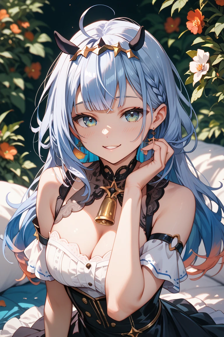 (highest quality)),(ultra high resolution),(Super detailed),(detailed description),((best CG)),(best work of art),super precision art,great drawing art,(Finely detailed fato:1.5), (1 woman:1.5),beautiful and well-shaped face:1.5,smile:1.5,White ruffled dress:1.4, flower garden:1.3,butterfly々:1.3,soft sunlight:1.4,Breeze:1.5