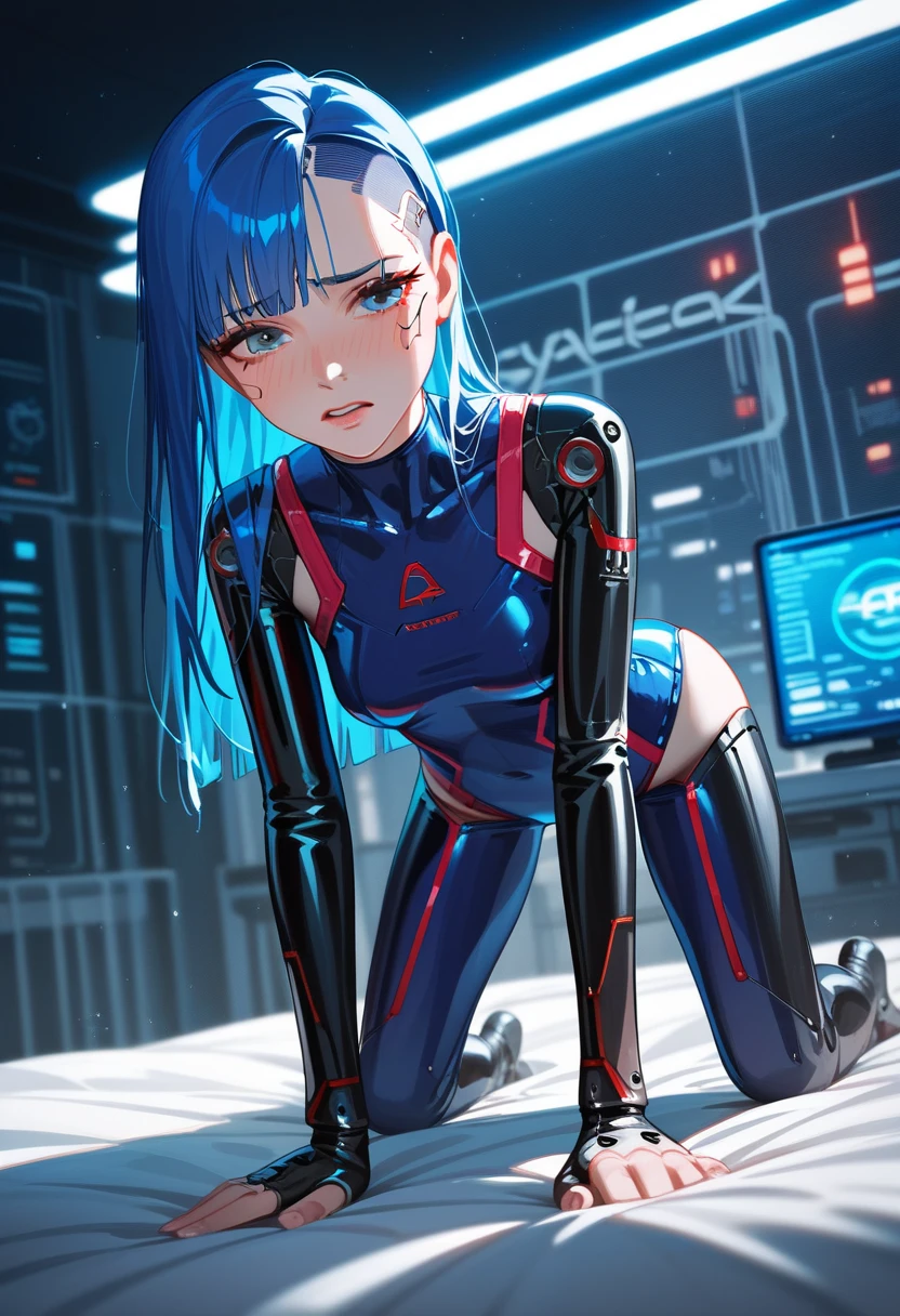(nsfw5) (((1boy))), (((anime boy))), 20 years old, muscular body, latex suit, black latex, skintight no zipper neck entry latex suit, fullbody latex suit, shoulder plastic armour, ((robotic neck)), ((wearing virtual reality headset1.5)), ((thick cables plugged on headset)), cat ears, cyborg, latex, cyberpunk, cyberpunk hospital, (thick cables plugged on crotch1.5), (((((error messages on screen3.5))))),red lightning, mind reprogramming, ((corruption bodysuit)), blank stare, crotch bulge, restrained, (heads-up display), wearing black lipstick, cables plugged into cat ears, (((transformation into robot3))), (((assembly line arms5))), charging port on anus, (((charging cable plugged on anus3))), visible charging, battery percent level, charging station, robotic spine, cables plugged into spine, aquamarine suit lightning