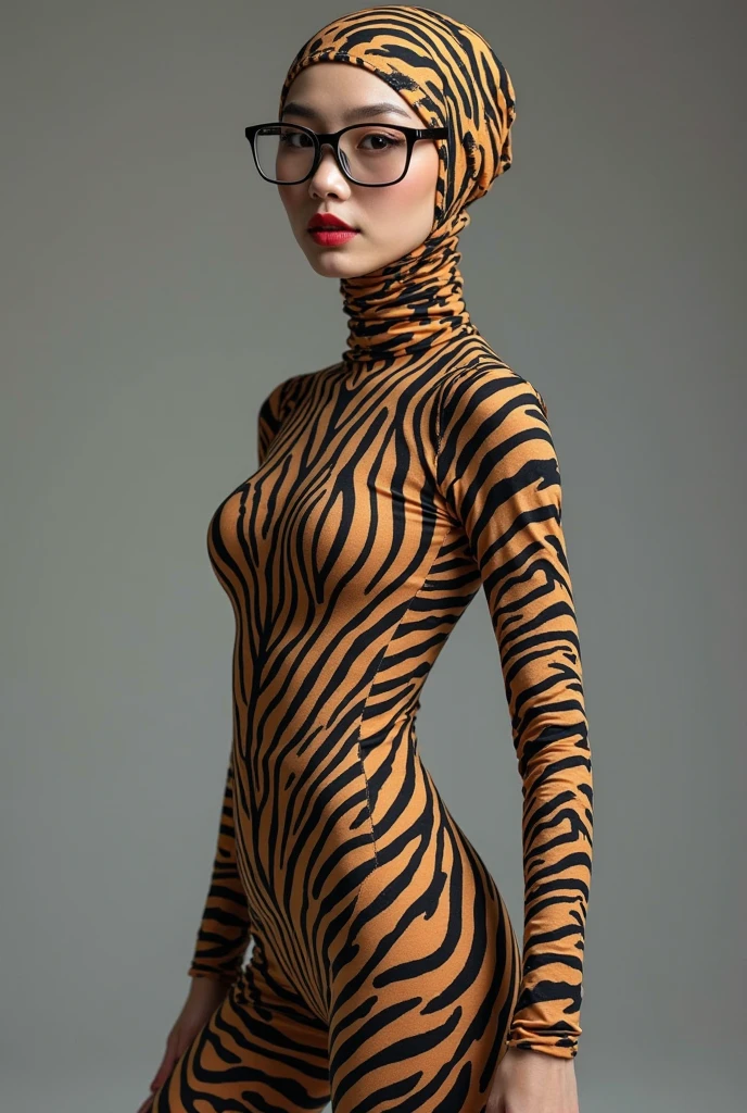 a beautiful and thinest malaysian muslim teen muslimah with beautiful cheeks wears white leopard print lycra turtleneck unitard catsuit covered with zebra stripes with leopard tail and always wear leopard print lycra dancewear hijab covered with zebra stripes.