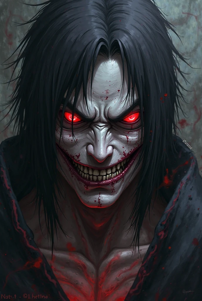 A psychopath with an evil smile. Messy hair.