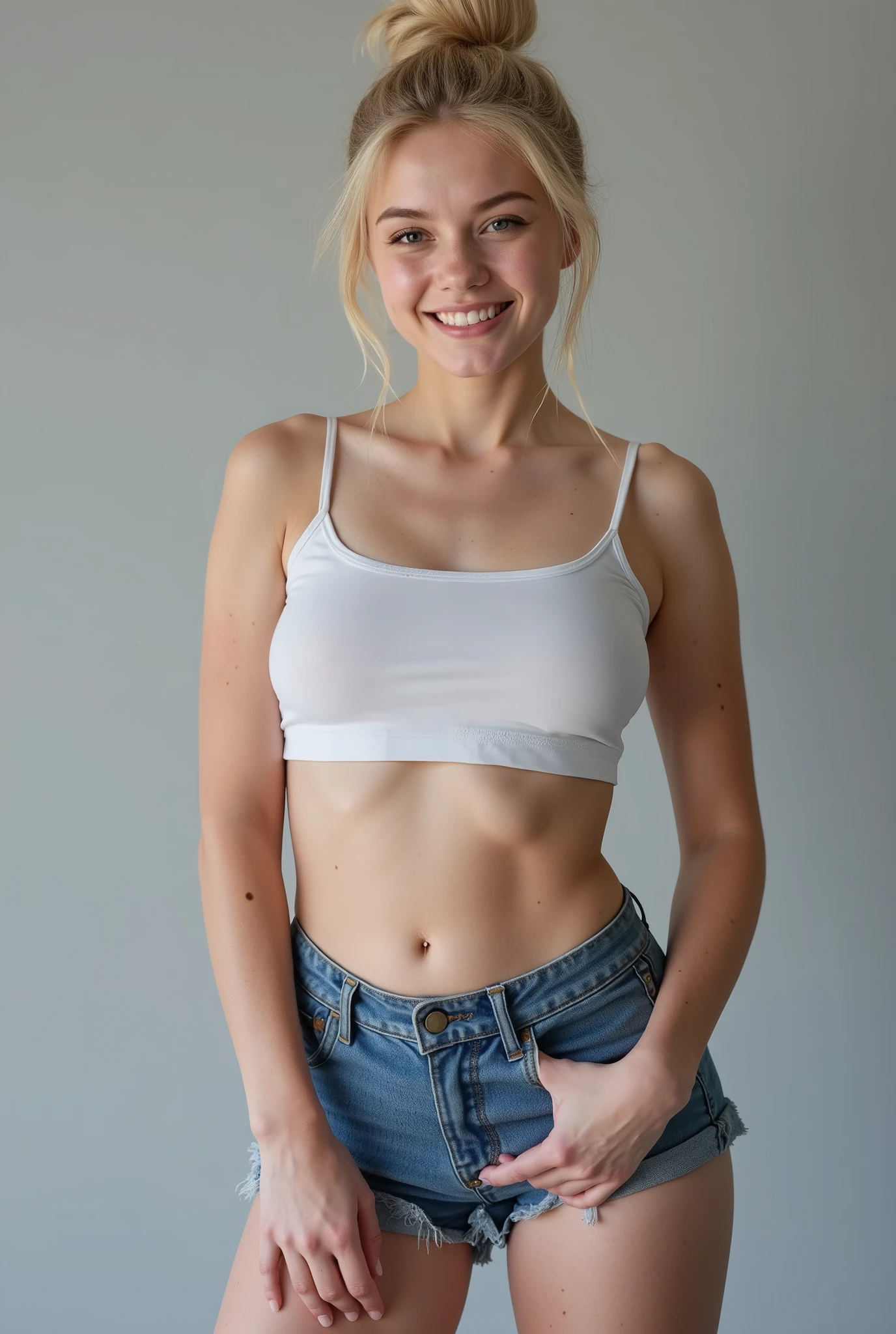 18 year old thick thighs, Realistic average 5/10 looking, super pale and white, young college pale caucasian white blonde Polish girl dressed in a crop top and denim shorts, smiling, thick thighs.Grey background, studio lighting. Very realistic, Crop top and shorts. Thick thighs, big round butt, a little short in height.freckles and realistic imperfections, hair in a bun, very realistic average looks, not particularly beautiful, just average looks, 5/10 appearance((best quality)), ((masterpiece)), (detailed), 1girl