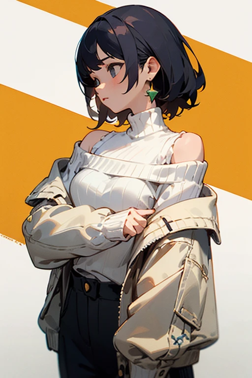 beautiful girl、Office Casual Fashion、black Sleeveless high neck knit、Delicate embroidery、Tight pants style、slender、Model Body Type、Ideal Style、 Slim and cute、No buttons、Put on a bolero、One off-the-shoulder brown cardigan、シャツをパンツに入れない