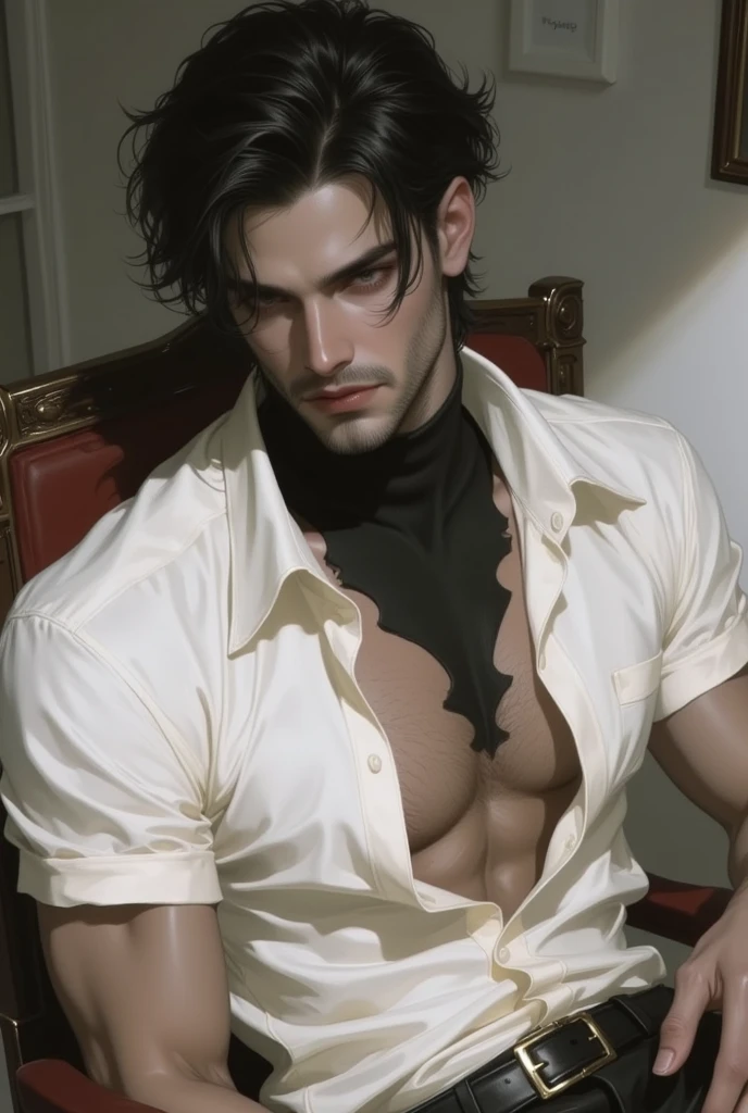"((highly detailed, detailed eyes, detailed face, clear and realistic facial features, photorealistic, realistic light; cinematic, close-up)), (1 man), ((((living room background)))), (((gorgeous exotic sexy masculine muscular male middle-eastern gigolo))), (((rich brown middle-eastern skin tone))), ((29-year-old male)), (((seductive intense expression))), (((erotic inviting pose))), ((intense gaze)), (((long sexy dark hair))), (((dressed in tight masculine clothing))), ((oiled up)), ((seductive pose, looking down at you))."