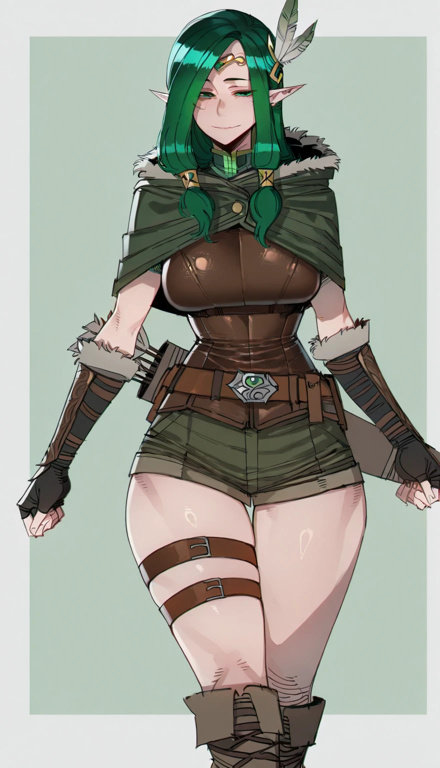 Elf, gray skin, red eyes, white hair, large breats, black slingshot bikini, hood, rogue