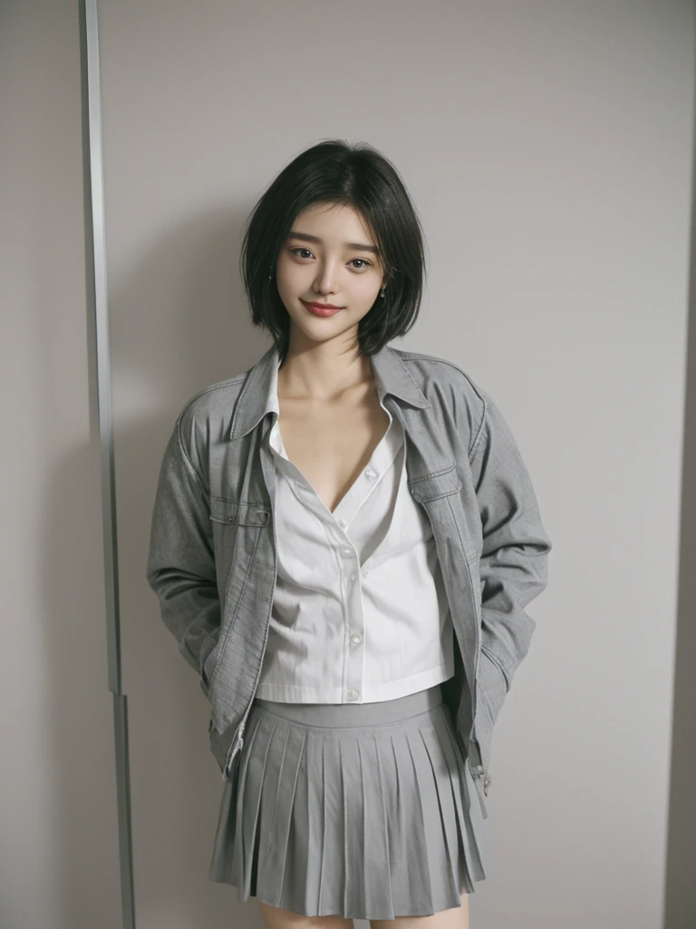 The beauty of 8K raw photos:2.0, Japanese woman, short hair, beautiful face and dark eyes, looking down, looking at the viewer:1.5, big smile, wet hair, tiny top, (white shirt and denim shorts:1.2), shinny skin, realistic:1.9, very detailed, full body shot:1.2, High resolution RAW color photos, professional photos, Taken at front of the stained glass in church, girl sexy portrait