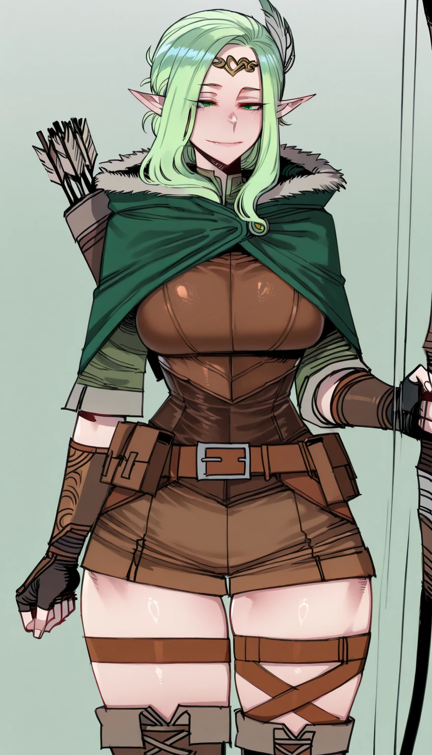 Ratatatat74 style,  masterpiece, best quality, artist:(Ratatatat74) 1girl, elf, close up, pointy_ear, green_hair, low-tied_sidelocks, hair ornament, green_eyes, smile, utility belt, boots, fur trim, feather accessories, quiver, arrows, leather belt, leather armor, leather_vest, cloak, hooded cloak, green cloak, bracers, fingerless gloves, tunic, shorts, thigh straps, , , narrow waist, wide 