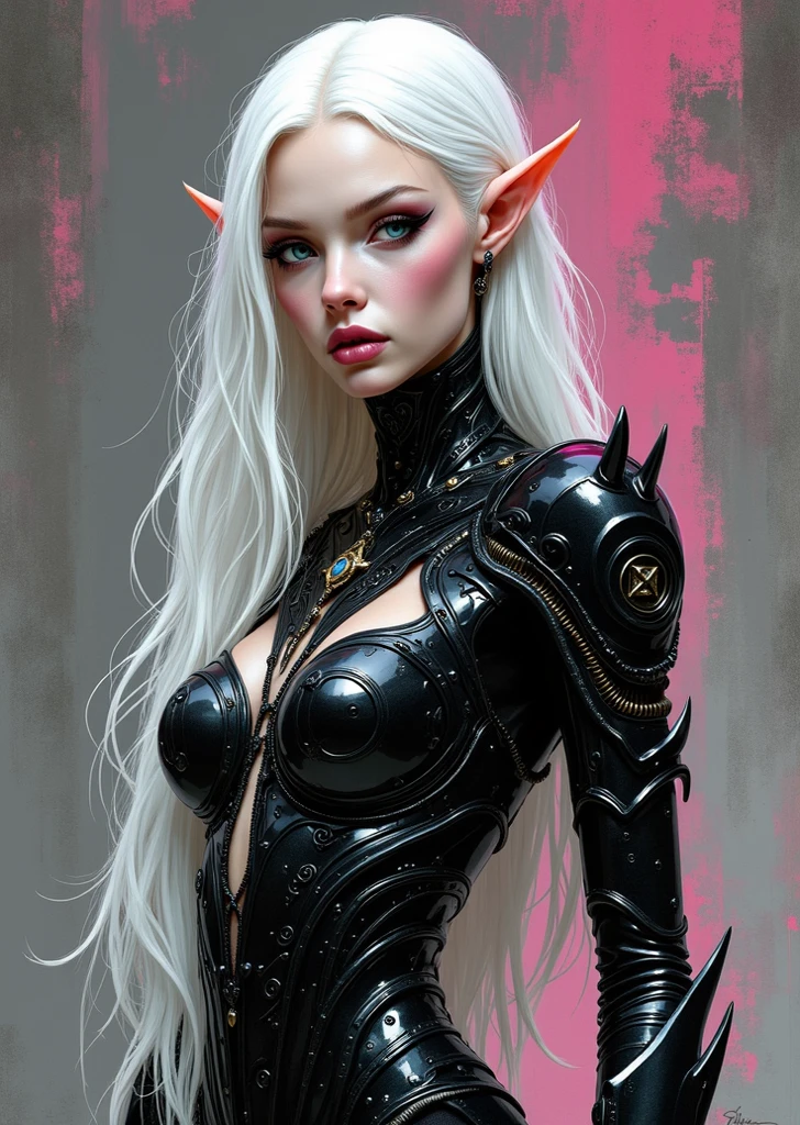 ((Best Quality)), ((masterpiece)), (hyper detailed), Full body photo, from head to toe everything, ((face blending the faces of silvia saint ana de armas alexandra daddario)), 1 dark elf, boluptosa, ((thin chains)), large bust 1.4, long legs, portaliga, leather or latex clothing, sexy, white hair with ponytail, sky blue eyes