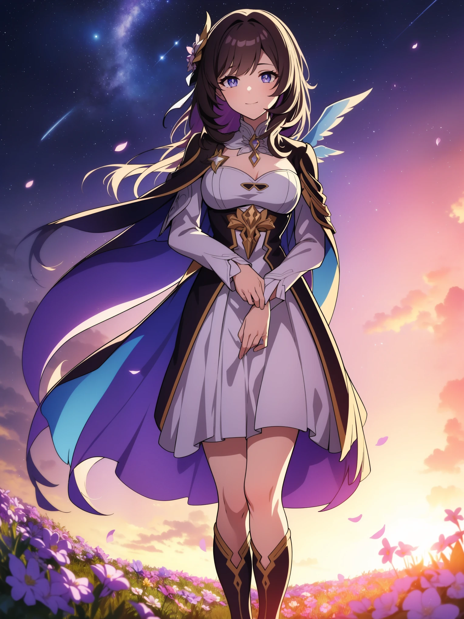 (high-quality, breathtaking),(expressive eyes, perfect face) portrait, 1girl, female, solo, young , black hair, pink eye color, medium hair length, soft wavy hair, gentle smile, loose hair, side bangs, looking at viewer, portrait, medium full shot, happy expression, ribbon in hair, flower in hair, fantasy clothing, elegant, mature, height 4"3, adventurer attire, warlock attire, warlock profession, short height, Dungeons & Dragons character, jacket, dress, cape, winged cape, Firefly Honkai Star Rail Character, starry sky, dawn in the distance, shooting stars, backgroound, flower field, scenary, cloudy sky, grass, trees, flower petals, leafs, blue flower, purple flower, white flower, field, standing in field of flowers