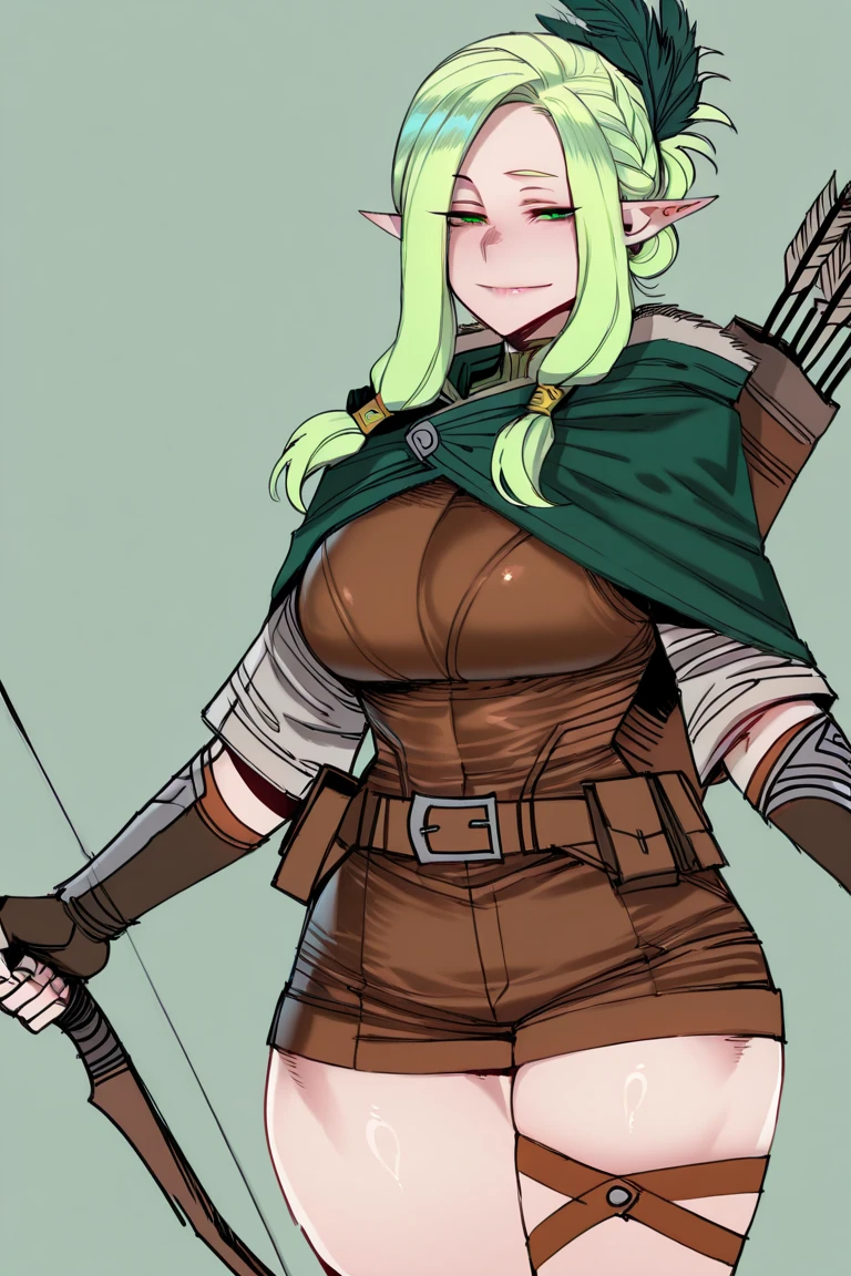 Ratatatat74 style,  masterpiece, best quality, artist:(Ratatatat74) 1girl, elf, close up, pointy_ear, green_hair, low-tied_sidelocks, hair ornament, green_eyes, smile, utility belt, boots, fur trim, feather accessories, quiver, arrows, leather belt, leather armor, leather_vest, cloak, hooded cloak, green cloak, bracers, fingerless gloves, tunic, shorts, thigh straps, breasts, large breasts, narrow waist, wide hips