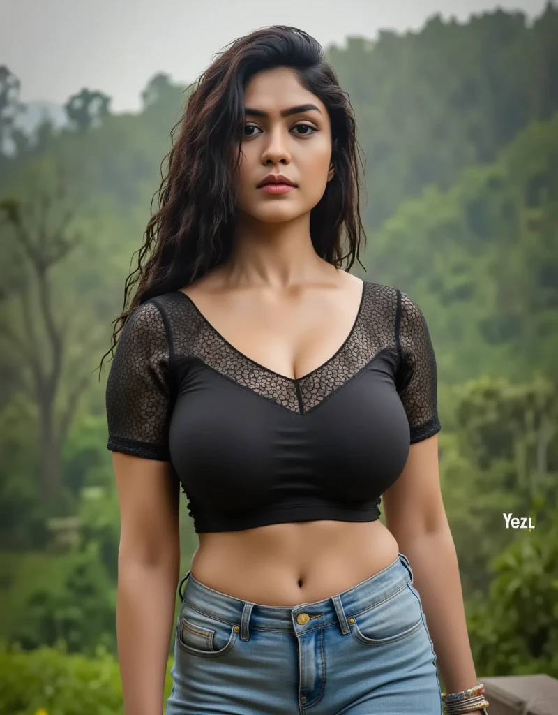 Best quality, portrait, masterpiece, 1 indian girl, solo, indian, walking on winter forest, braid hair, soft body, looking straight at the viewer, big eyes, white shirt and jeans, r, fully tattooed hands, 8k resolution, deep cleavage, nose ring, belly piercing, big breasts, insanely detailed, parted lips, perfect anatomy, perfect fingers, ambient lighting, forest, dawn