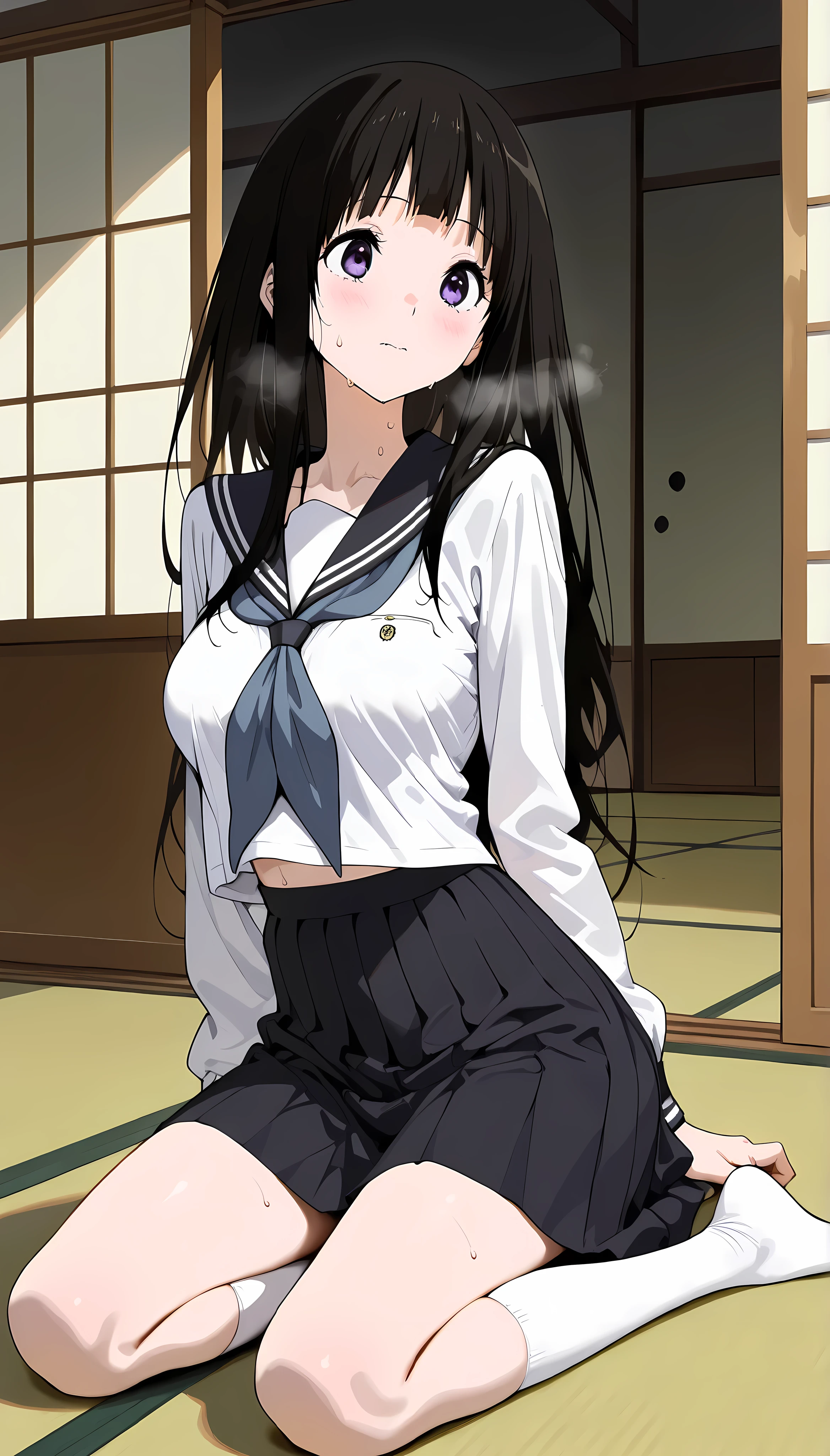((masterpiece,best quality anime,Highest quality:1.3)),realistic,cowboy shot,1woman,(30 year old beauty),((very small head:1.4)),((very long body:1.4)),straight long hair,black hair,(gorgeous big eyes),black eyes,tears,shy,((slender body:1.4,skinny:1.3)),medium breasts,(white collared shirt,Long sleeve),((pleated navy mini skirt)),White underwear、Wet crotch、sweat:1.3,gleaming skin,shiny skin,sitting,spread legs:1.3,Simple bed、Simple bedroom、Tokyo、nsfw
