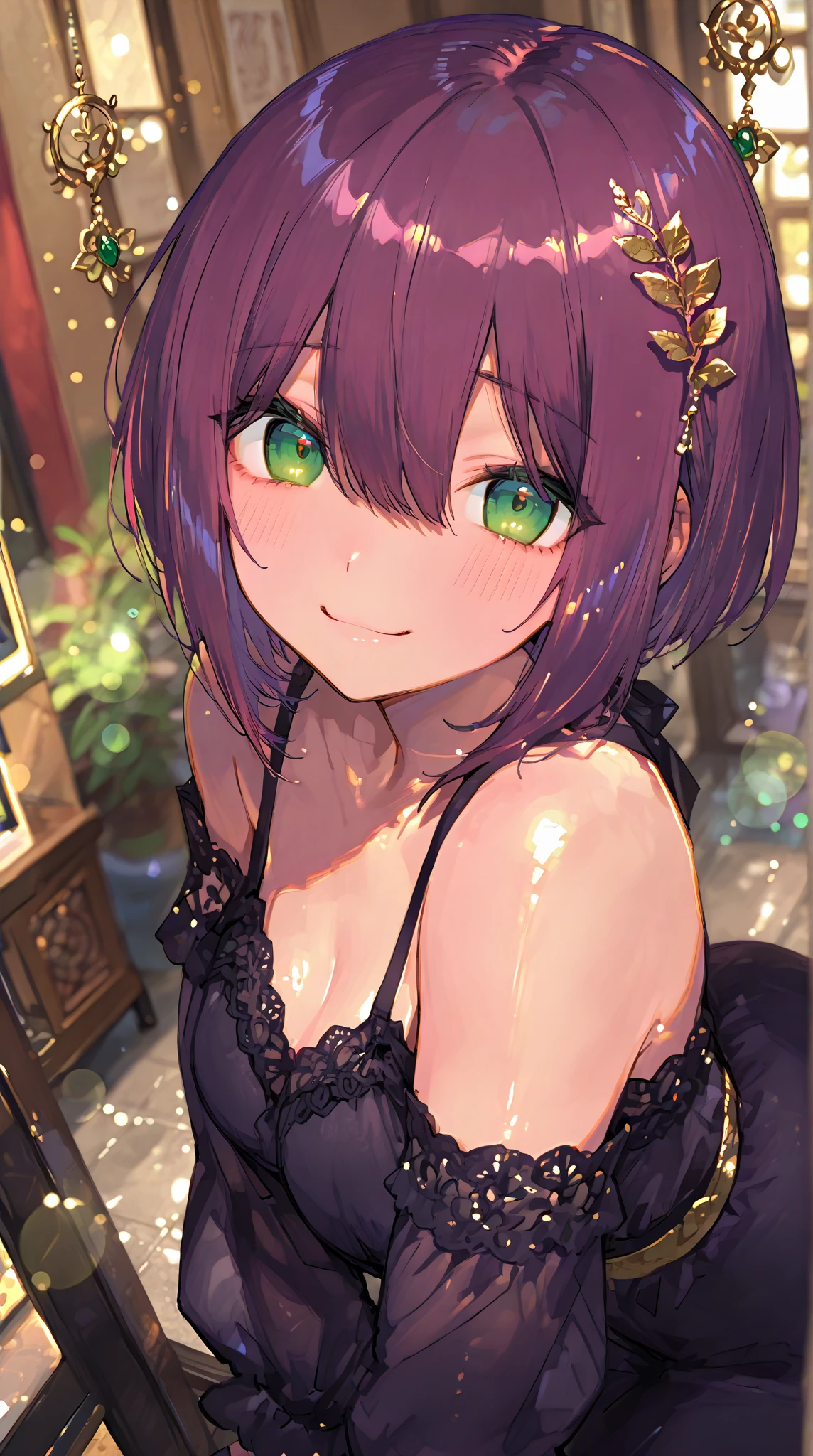 ((8k, Highest Quality, Masterpiece: 1.3)), Ultra High Resolution, (One Girl, Alone), (Color Changing Eyes, Super Detailed, Expressive Sparkle, Sparkling, Glowing Eyes), Highly Detailed Eyes, (Purple Short Bob Cut), Her emerald green eyes show a sexy expression through the mirror, and she is posing in front of a dresser. She is wearing a form-fitting white off-the-shoulder top and a tight mini skirt, which accentuates her sexy curves. A simple dresser in the background and small art frames and potted plants casually placed on the wall maintain the atmosphere of a realistic college girl's room. Her emerald green eyes catch your gaze in the mirror and she smiles seductively. Her pose is with her hands on her hips and a gesture of looking back slightly, and the angle reflects her through the mirror, emphasizing her sexy expression and the details of her outfit.