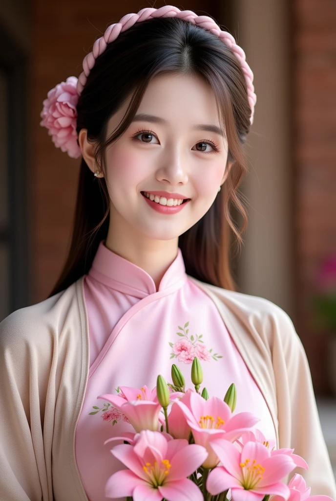 (a gorgeous lady, age 18, Vietnamese traditional dress Ao Dai, posing at Takada Castle Park Cherry Blossom, friendly expression, dimpled smile, cute snaggle-tooth, short hair ponytail, beautiful detailed face, beautiful detailed eyes, ample round bosom, photorealistic, hyper-realism, high contrast, ultra HD, realistic skin textures, top image quality, top-quality, super high resolution, fine details, very meticulously, masterpiece, head to knees, the Cowboy shot, romantic stunning, bokeh background)