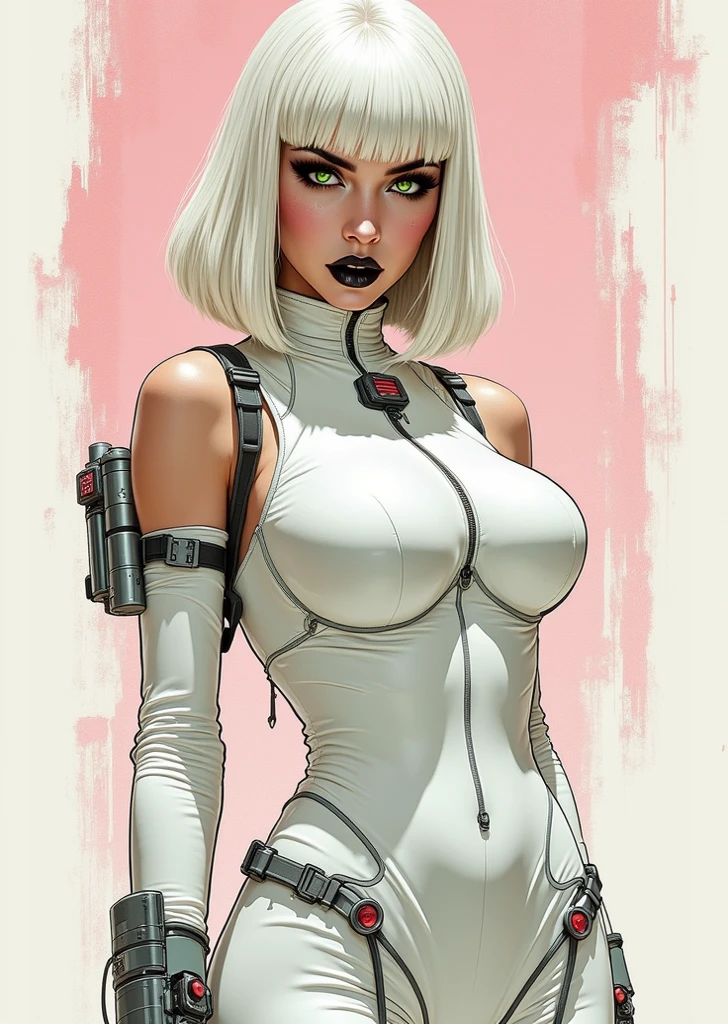 cowboy shot of futuristic detective lady, cybernetic jaw, short white hair, glowing eyes, red lips, white shirt, unbuttoned, black pants, vest, holster, mechanical parts, prosthetic arm,