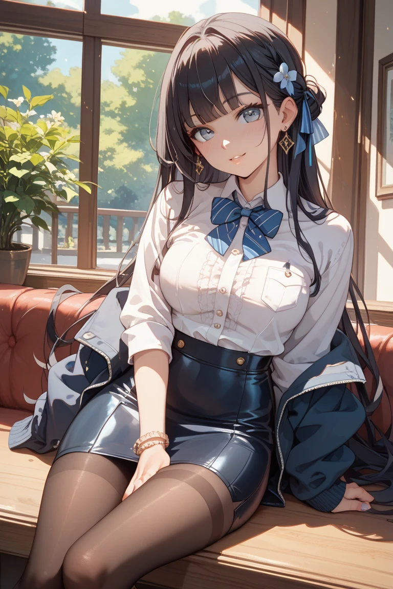 (masterpiece, Highest quality,Perfect lighting),Black Hair,blue eyes,cute,maid,mini skirt,Thighs,
