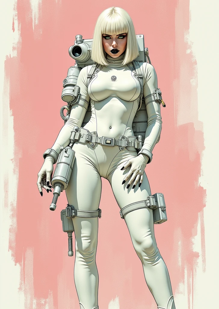 An extremely detailed comic book illustration depicting an extremely curvaceous space explorer portrayed by a young Lady Gaga nineteen years old with alabaster skin white hair worn in a shoulder length a-line bob with bangs and stunning green eyes wearing a full body white latex body suit that is so form fitting it cannot help but emphasize her extremely long legs and her perfect  with retro science fiction tubes boxes and pouches attached to the  like a character from an early 50s science fiction story with a tantalizingly sinister expression that is dripping with sin as well as a poorly disguised lusty expression and desire on her tongue in an art style inspired by Frank Miller and Conan the Barbarian. Her sunning green eyes are accentuated by dark gothic makeup, and her full lips are colored in a muted black shade. The lighting is soft and diffused, casting subtle shadows and highlights that emphasize her facial features and the texture of her outfit while maintaining a somber mood. The background is in textured brushstrokes of pale pinks and shades of white. The color palette includes pale porcelain whites, deep blacks and accents of pastel pink, contributing to the retro science fiction aesthetic. The composition centers on the character's intense gaze, creating a captivating portrait with an alluringly sinister expression. Standing in a dynamic action pose. Trending on Art Station.