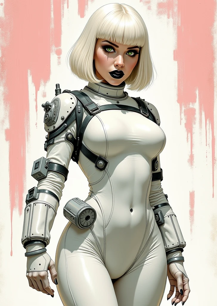 score_9, score_8_up, score_7_up, score_6_up, score_5_up, score_4_up, source_anime, (((woman))), (((highest quality))), (((masterpiece))), (((adult))), (((1girl))), ((( mohawk haircut ))), Angelina Jolie, A 25-year-old cyberpunk female gladiator with a perfect body, alien armor, H.R. Giger style, shoulder pads with metal spines, Gladiators of Brooklyn, (( mohawk haircut )), tiny leather panties, torn rugby team shirt, almost nude in the urban wild style of Simon Bisley for the cover of Heavy Metal magazine, Short blonde hair, Minimum clothing, Metal protection on the left arm with intricate graphics, Dark red with white stars and black and white checkerboard pattern, armor, full of spikes and rivets, (((from the knee up))), short white blonde hair, in the background a wall painted by Shepard Fairey with an intricate design.