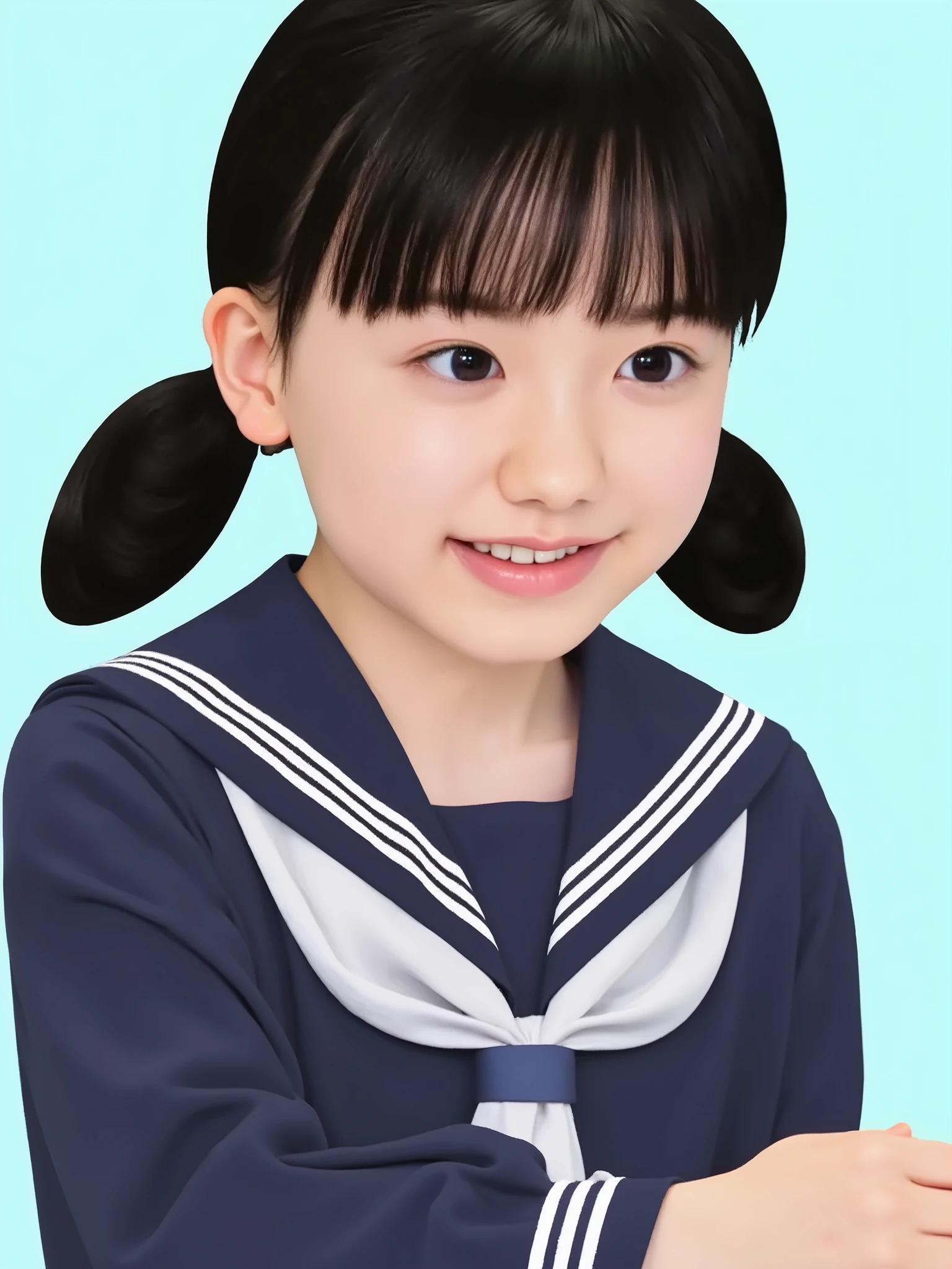 (o girl, small breasts), (absurdres, masterpiece, best quality, ultra detailed, photo realistic:1.2), (beautiful face, simple face, baby face:1.2), (flat chest, skinny, scrawny:1.4), (shiny skin, pigment is light:1.2), armpit, perfect body, perfect anatomy, nsfw,
BREAK, 1girl, (smily, teeth:1.2), from above, full body shot, (upturned eyes:1.1), ((looking down:1.3)), (wearing sailor suit, dark blue, long sleeve:1.3), twintails hair, (black hair:1.2), bangs, silky hair, detailed hair, perfect fingers, perfect lighting
