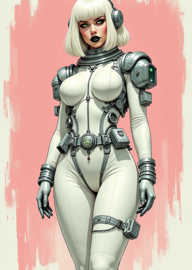 (Masterpiece, grey background:1.2) full body standing straight symmetrical looking to the viewer, view from below, far shot, cow boy shot, purple skin, drow, elf, 1girl, mature, purple eyes, pinched eyes, short silver white hair cut (yellow tiger bikini print long sleeves and long stockings) abs, navel, big knockers, tatter rags, leather choker, chain collar, stomach tattoo (red tattoo) hands on hips, wide hips, thick thighs, metal sandals