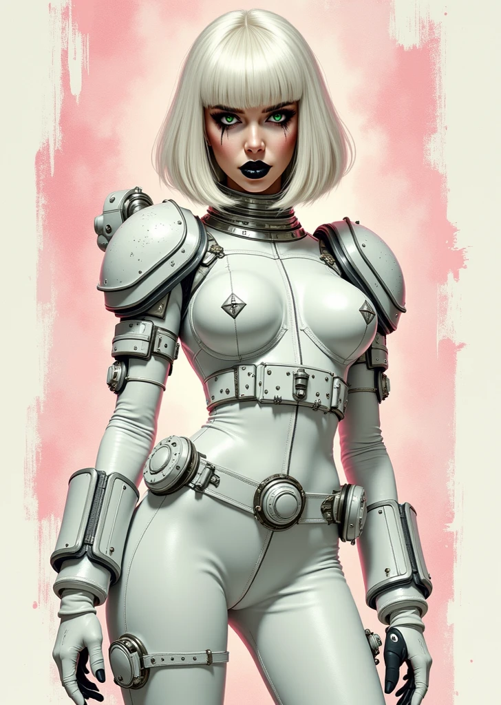 8k ((full body view)) 1woman, ((beautiful face:1.3)), ((sleek silver bodysuit:1.4)) silver skin,((puffy lips:1.5)) (silver skin:1.5), (bald woman:1.4), (skinhead) ((front view), ((gigantic breasts:1.3)) (((angle from below:1.3))), )highly detailed, majestic, ((breasts pressed together:1.6)), digital photography, art by artgerm and ruan jia and greg rutkowski, light chest hair, (masterpiece, sidelighting, intricate details