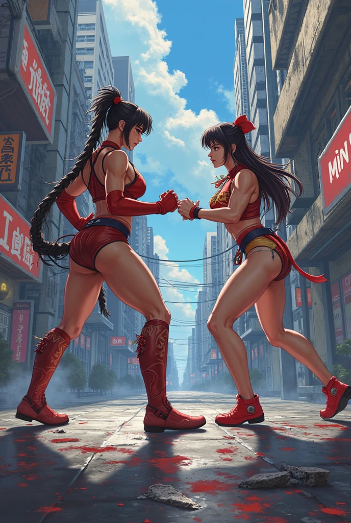 NSFW , on the beach boxing ring , Small woman and big woman , Fullbody shot , Wear Monokini swimsuit with pantyhose , Female boxing Face to face, huge breasts.
