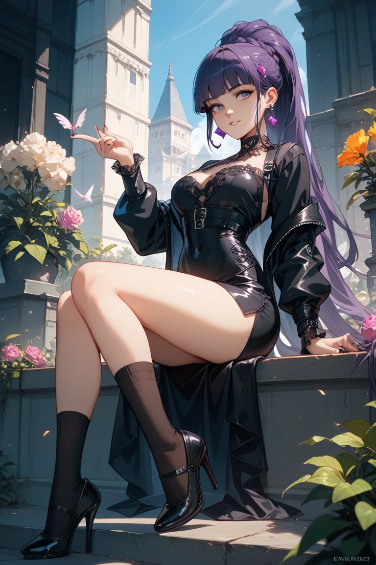 ((Biologically correct limb count)),(( From head to toe,Full-body photo including face)),4K,((Standing position)),masterpiece,((Focus on the face)),((Symmetrical facial features)),Eyes with detailed description,Beautiful woman,Great style,Beautiful arms,Beautiful legs,Beautiful Hands,(Small Ass,Thin thighs),Detailed depiction of the face,Small earrings,necklace,(Purple enamel maid outfit、mini skirt,((Black high heels,Black patterned stockings))),Realistic photo,Lying on the linoleum floor,Low angle photo,A little panchira,Rose petals are scattered all around、
