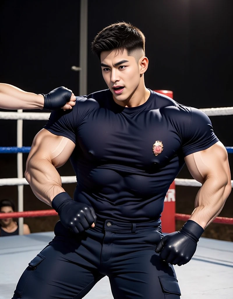 ((best quality)), ((masterpiece)), ((realistic)), (detailed) (full color)
muscular male, narrow waist, Slim waist, thick eyebrowns,
, nipples, , ((thin)) , , (sweating, , swet)
, male focus, brown eyes, sunny day, punching,
MTB, muathai shorts, 1boy, leg bands, <lora:MuaThai_Boy:1>