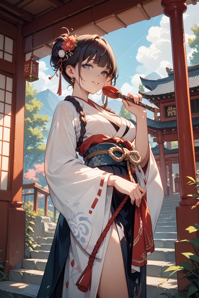 Masterpiece, Best quality, A high resolution, 1girll, sakamata chloe, Solo, whaite hair, Medium breasts, Red eyes, Japanese clothes, multicolored hair, hair adornments, cleavage, Black hair, hair flower, Striped hair, komono, bangs, White kimono, single hair bun, hair stick, Chest sarashi, Budget sarashi, Fang, choker necklace, nipple tassels, thigh band, Wide sleeves, cropped shoulders, Cowboy shot, Shrine, standing, Outdoors, Smile, --auto