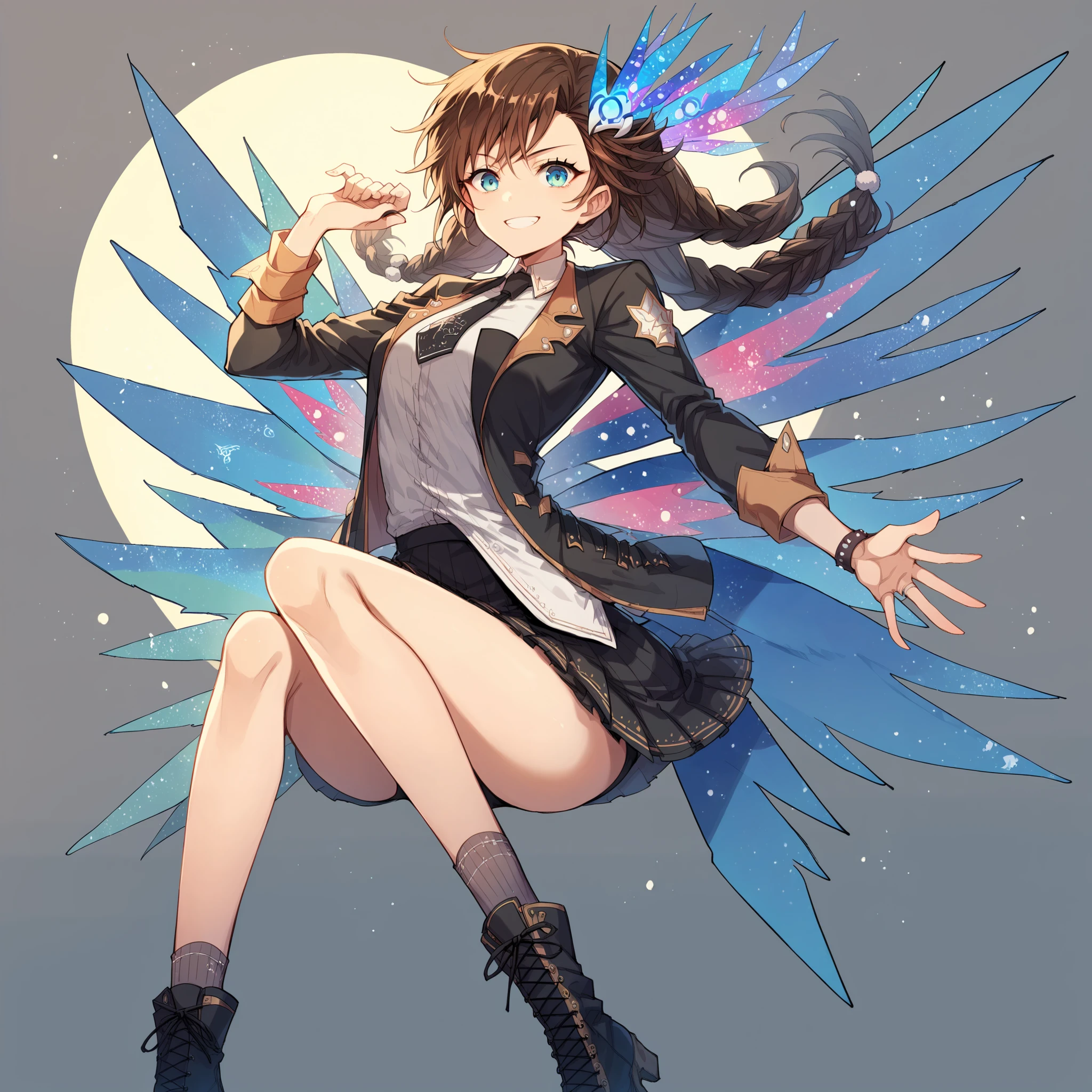 Agnes Tachyon, uma-musume, smile for viewer, skinny, arched back, BREAK, short hair, large breasts, narrow waist, short torso, (long skinny legs:1.2), tail, BREAK, (flapping too short skirt), thigh gap, white string panty, purple shirts, collarbone, bared narrow shoulders, BREAK, blue sky, blowing wind