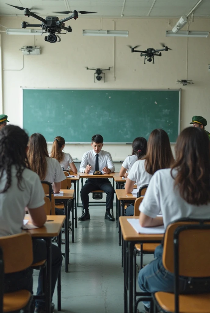 highschool、‎Classroom、In class、Male student solving problems written on the blackboard、Middle-aged male teacher watching over、high-level image quality、high-detail、