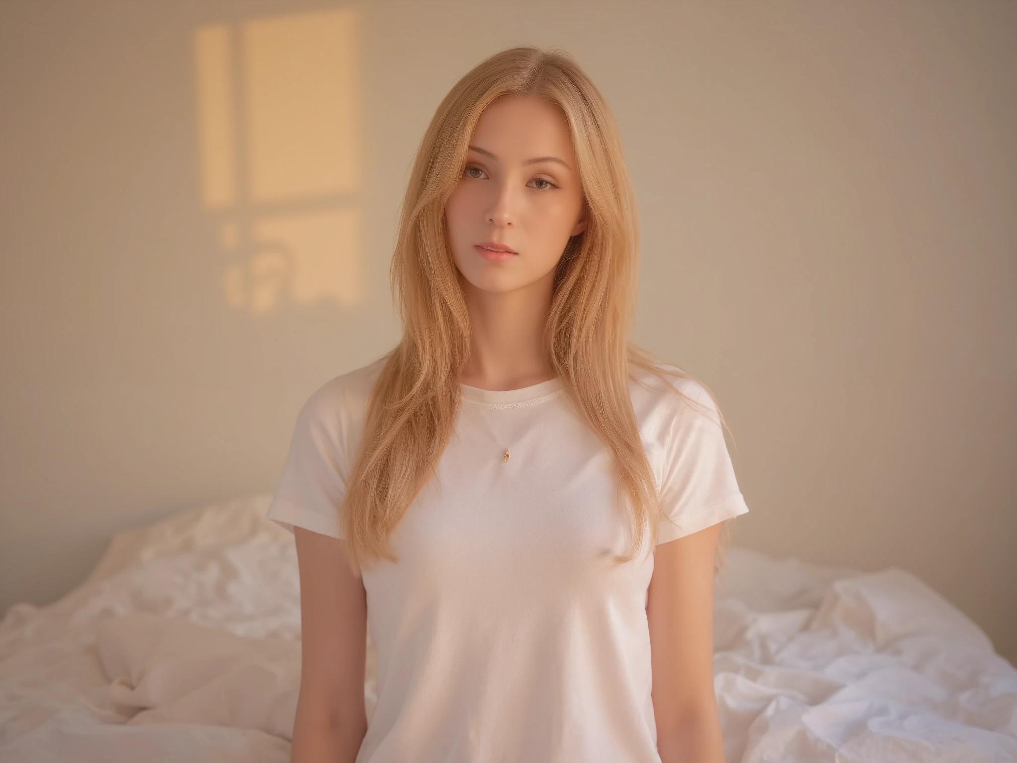 "A photorealistic portrait of a 25 year old Caucasian woman with long, flowing blonde hair and bright blue eyes. She is wearing a white t-shirt with her nipples showing through the shirt. She should have a natural, approachable expression and be lit by soft, golden sunlight. The background should be a light-colored bedroom. Take this shot with a high-resolution photo using an 85mm lens for a flattering perspective. The girl is slightly to the left and takes up 40% of the photo."