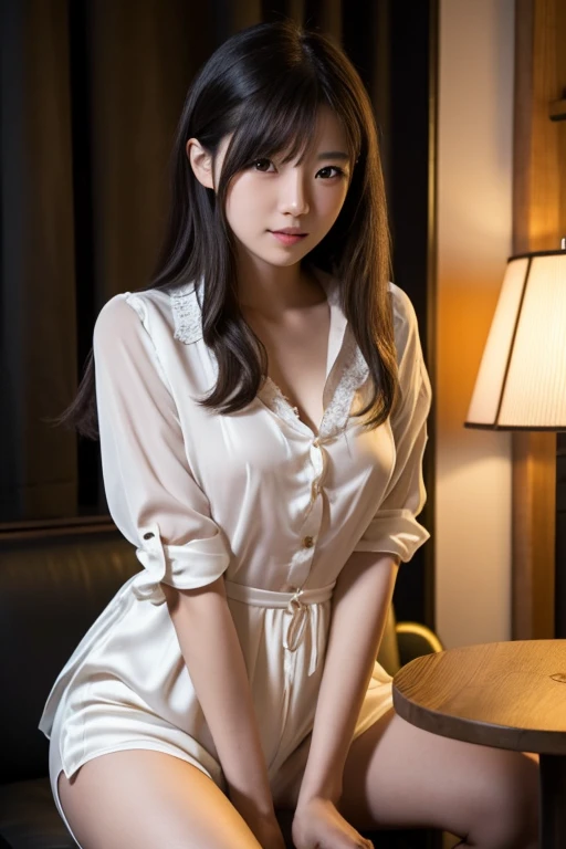 Highest quality, masterpiece, Ultra-high resolution, 8k, born, (Photorealistic:1.4), Physically Based Rendering, Depth of written boundary, Looking at the audience, thin, (Sitting:1.1), In the bedroom, Beautiful face in every detail, 1 girl, cute, young, Red nose, Big black eyes, Open your mouth, Small breasts, Black Hair, Detailed clothing, (pajamas:1.3), No shoes ,Pure Eros Face_v1,