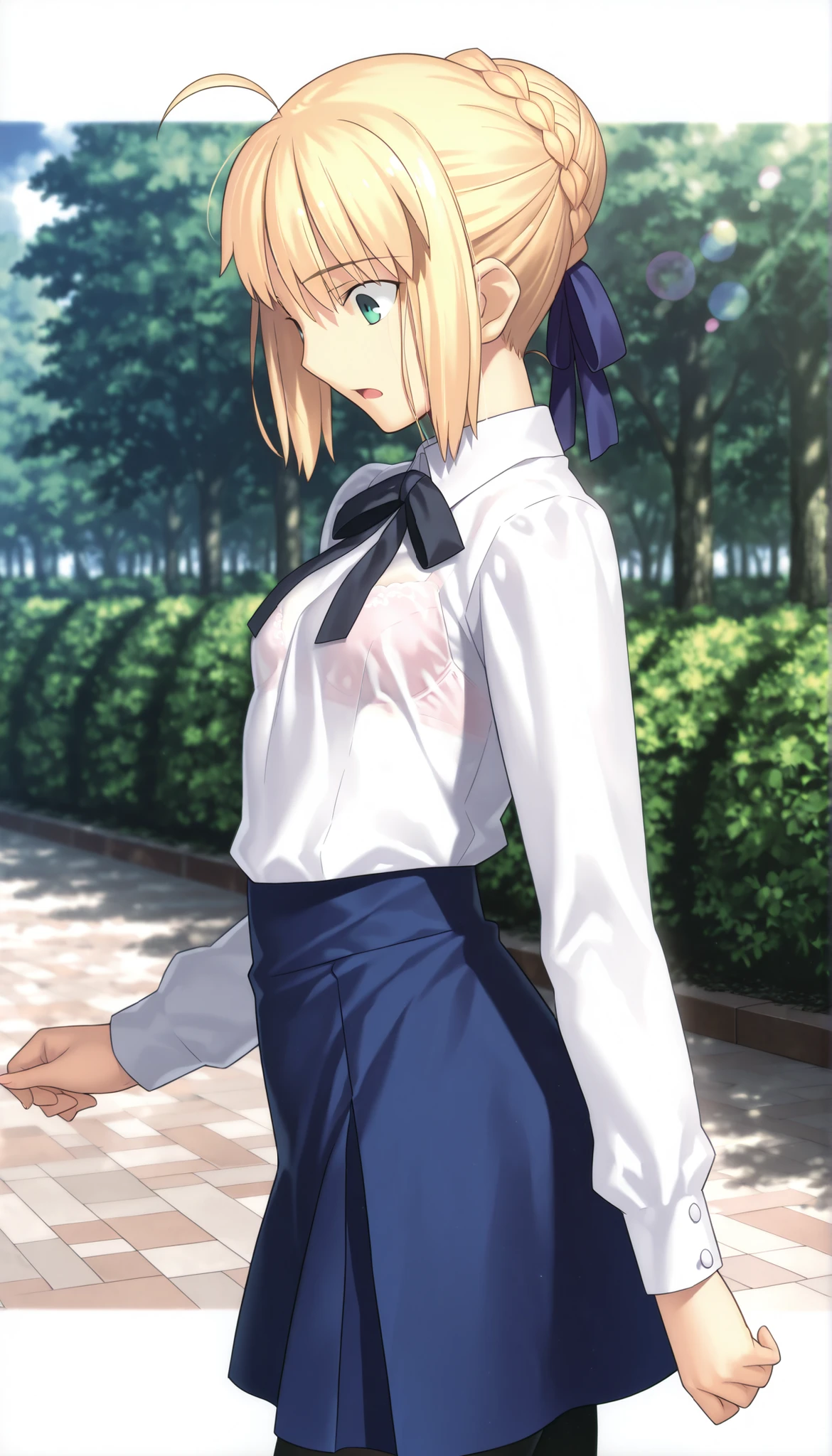 masterpiece, , absurdres, highres, detailed background, high resolution, masterpiece, necessary, detail, best quality, quality, necessary, details, High details, Precise, dark, outdoors, dappled sunlight, day, lens flare, blurry background, from above, upper body, from side, from above,
1girl, solo, Takeuchi Takashi (type-moon,fate) style, takeuchi takashi style,
tall girl, mature, artoria pendragon, artoria pendragon (fate), saber, hair bun, single hair bun, braid, blonde hair, green eyes, , ahoge, small breasts, ,(), surprised, wide-eyed,
(skirt, shirt, long sleeves, ribbon, white shirt, pantyhose, black pantyhose, blouse,), see-through, bra, undress black ribbon, small breast, flat chest, , looking down, ,