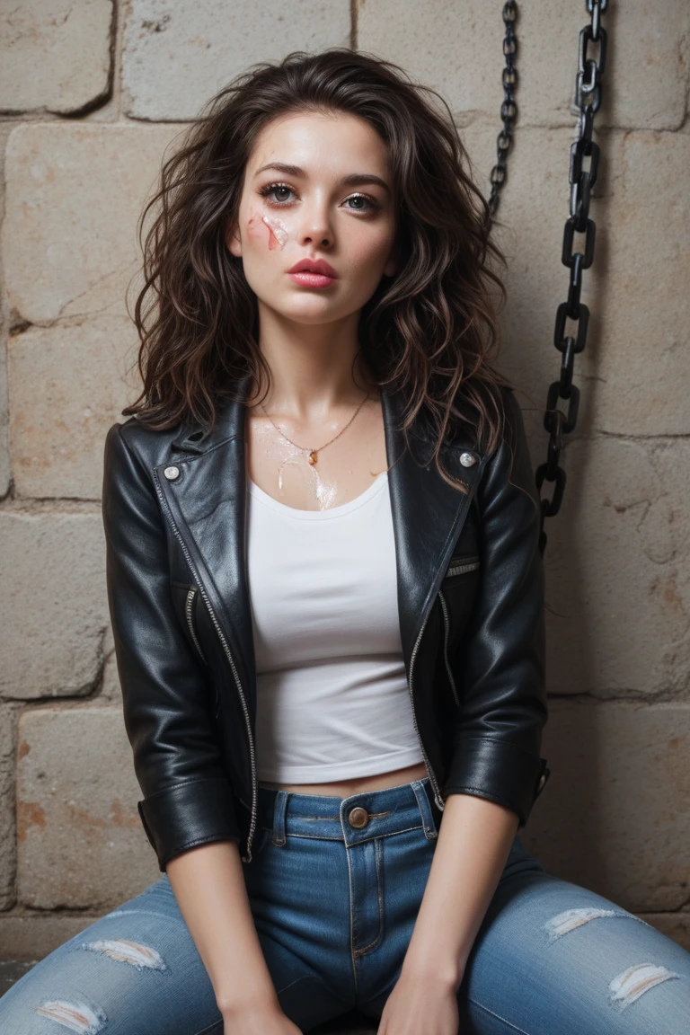 jenna_ortega wearing brown leather jacket, long wavy hair, bangs, eyeliner, eyeshadow, eyelashes, lipstick, makeup,
hoop earrings,
upper body close-up, brick wall background,
<lora:JennaOrtega_Rebirth:0.7>