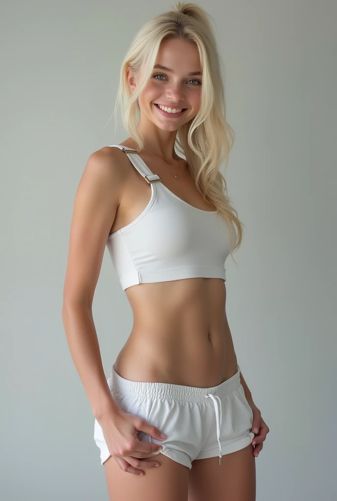 realistic, analog, eautiful blonde young woman, 100% blonde, hourglass figure, statuesque, very slender, perfect body, long straight blonde hair, wearing tight-fitting red t shirt, size 0 waist, white shorts, red shoes, tiny waist, perfect skin, smiling and waving outside elephant cage at san diego zoo, full body shot, afternoon lighting, shot on 35mm film