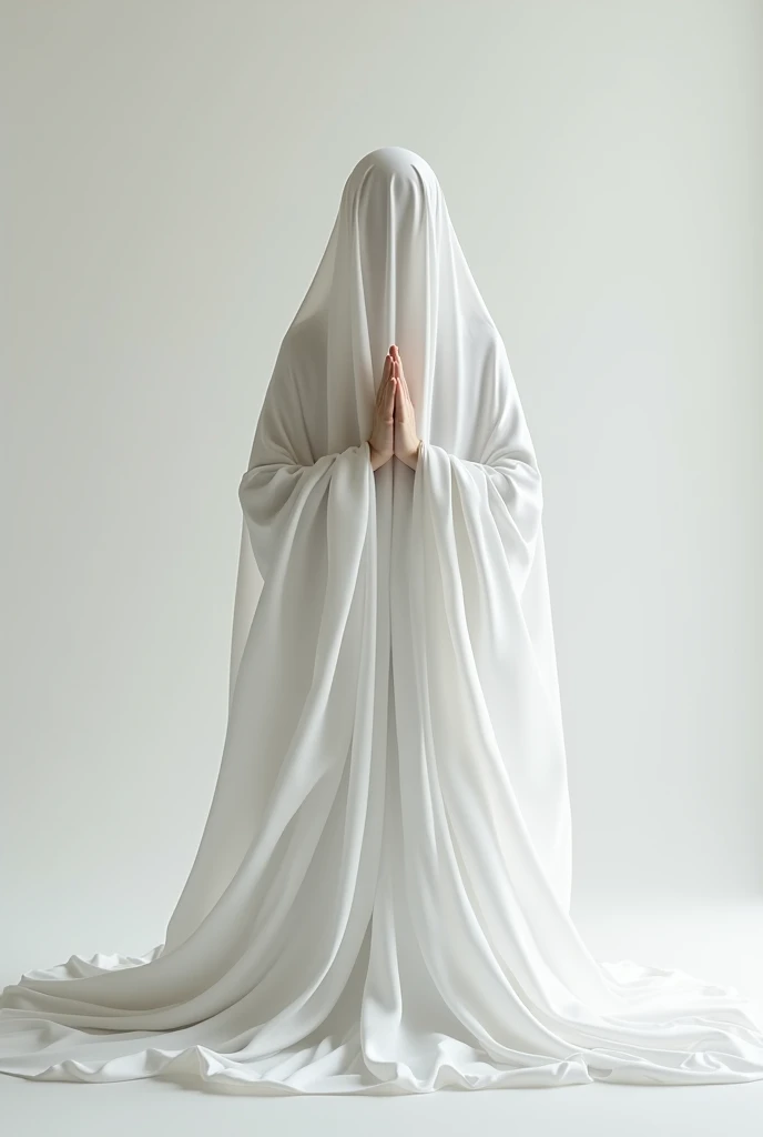 a Woman wearing a White cape, dramfatically covering her eYes with one hand