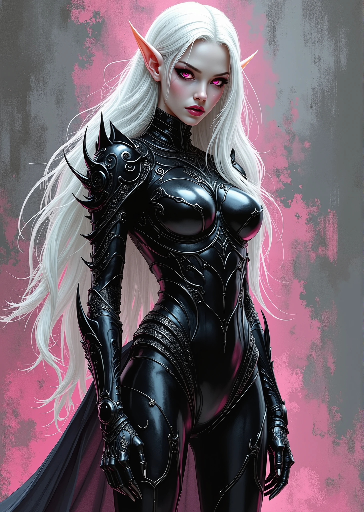 An extremely detailed comic book illustration depicting an extremely thin stunningly beautiful albino female elf portrayed by a young Jodelle Ferland nineteen years old wearing sleek incredibly intricate metallic black armor inspired by Eldar armor from Warhammer 40k and the Venom Symbiote of Marvel Comics which is completely enclosed and perfectly form fitting emphasizing her perfect breasts and extremely long legs which looks completely alien and inhuman and bears more in common with an insect's glossy black chitinous carapace than with standard plate armor with organic elements bladed shoulders that reflect a foreboding aesthetic combining elements of both elegance and menace featuring elaborate designs and textures showcasing a blend of sharp edges and smooth surfaces hinting at a high level of craftsmanship suffused with scrollwork in arcane sigils that look demonic in origin whilst whirring alien super technology suffuses the surface of the armor in an art style inspired by Frank Miller and Conan the Barbarian. The armor itself looks almost like a part of her being, or perhaps a separate entity which has a symbiotic relationship with her, and fits so perfectly to her skin it leaves nothing to the imagination. Her voluminous white hair cascades in loose waves over her shoulders, partially covering one side of her face. Her skin is albino pale with pink eyes. Dark, thick eyeliner accentuates her eyes, complemented by dark pink lipstick. Long, pointed elf-like ears add to her otherworldly appearance. The background is awash in textured brushstrokes of charcoal gray and pink hues. Standing in a dynamic action pose. Trending on Art Station.