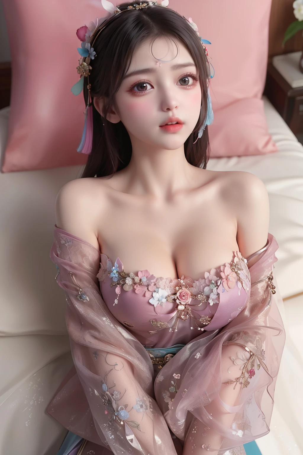 ((((8k))),((Extremely meticulous CG)) ,(wallpaper),16k,((Extremely refined and beautiful)),(((Masterpiece))),(((best qualtiy))),(((Ultra High Resolution))),beautiful light up,Perfect lightning,realistic shaded,((high resolution)),(Smooth and flawless fair skin:1.5),(pale skin:1.3),(Extremely exquisite facial details:1.2),(perfect body:1.1),(ultra-detailed),((A beautiful girl,solo)),(small head:1.2),(long hair:1.2),(small face:1.2),(baby face:1.3),(female orgasmic:1.5),(blush:1.3),(ahegao:1.3),(Exquisite makeup:1.2),(gigantic breasts:1.8),(towering chests:1.7),(slim:1.3),(happy:1.2),(laughing:1.2),(slender waist:1.5),(collar:1.3),(Exquisite embroidered lace peach blossom cheongsam:1.5),(see through white pantyhose:1.3),(night scene:1.5),(indoor:1.2),(sitting on the bed:1.3),(arms behind back:1.3),(upper body:1.3),(from front:1.3),(in bedroom:1.3),(detailed background:1.5)