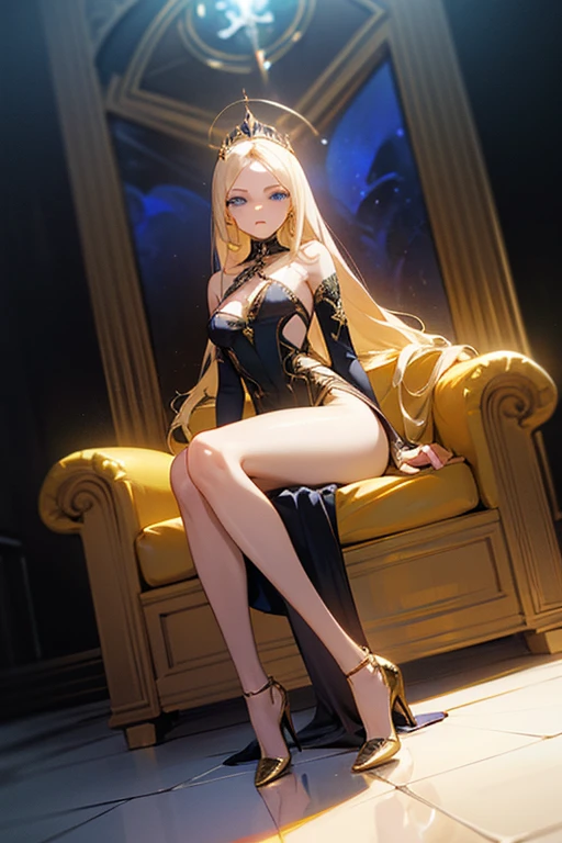 1 skinny girl, blonde with blue eyes, in a black and gold expensive dress, sitting in an expensive symmetrical chair in his office, leans on the armrest, crazy smile. medieval fantasy